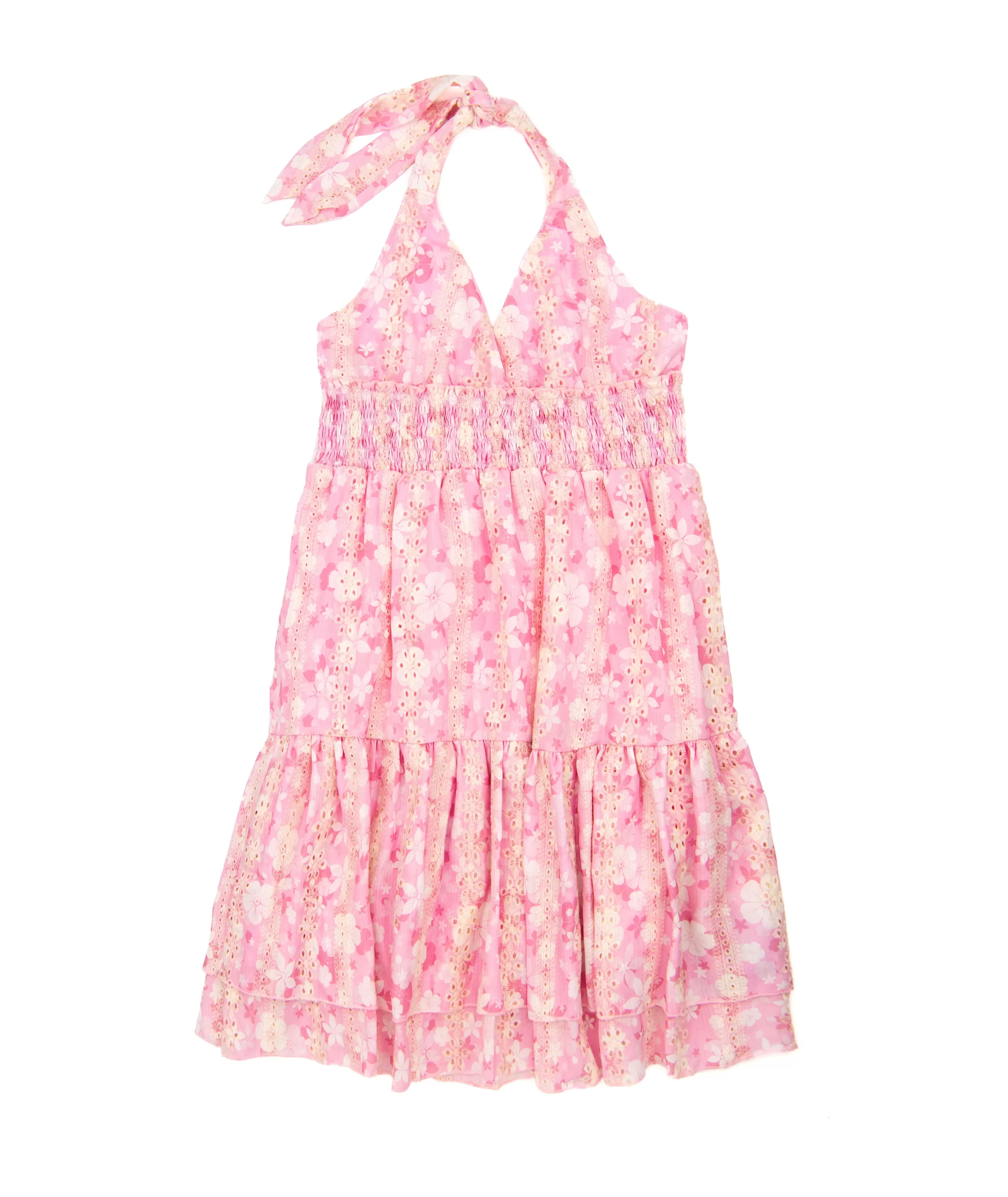 FBZ Girls Pink Floral Eyelet Halter Dress