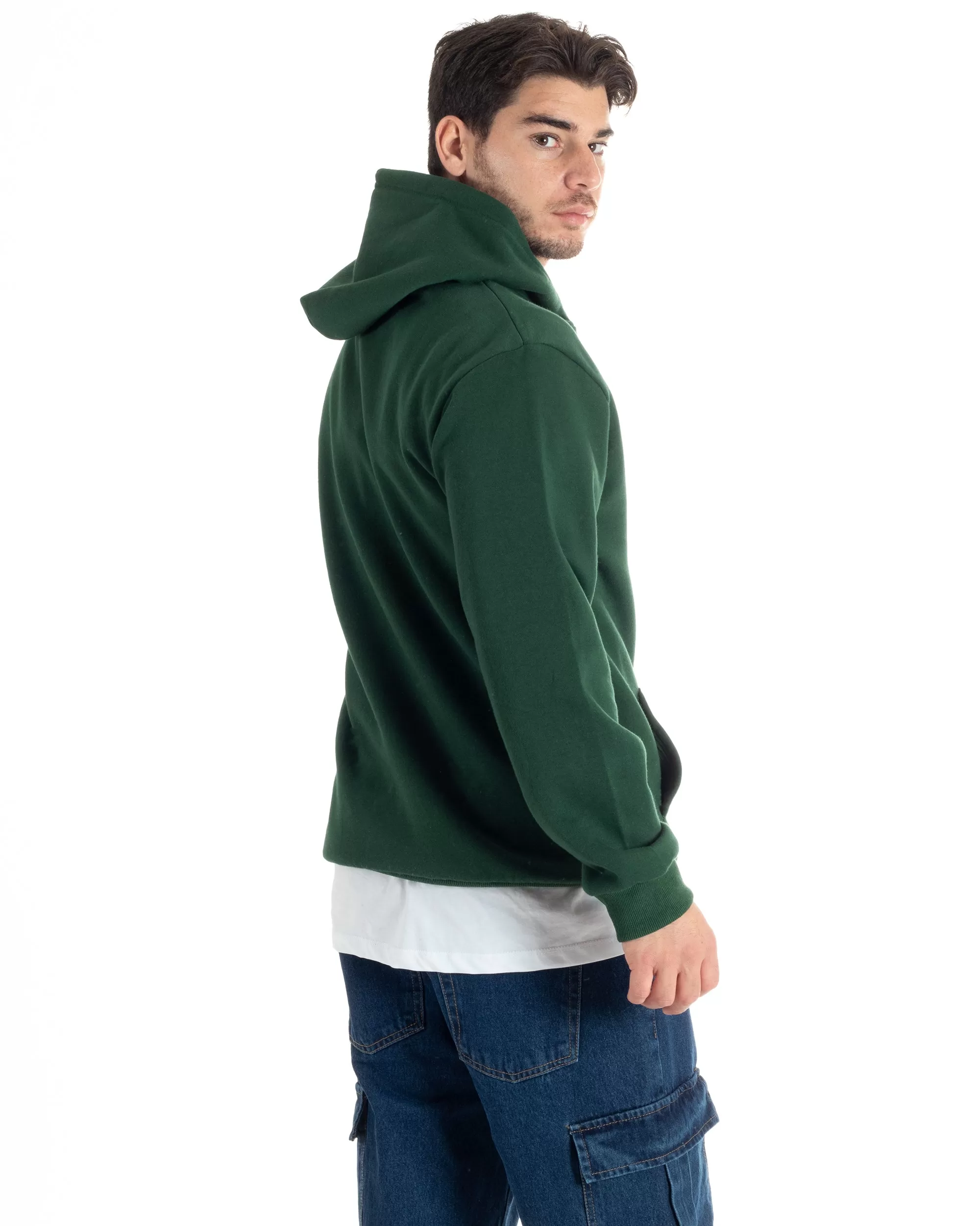 Felpa Con Cappuccio Uomo Basic Felpata Tinta Unita Verde Comoda Relaxed Fit GIOSAL-F3008A