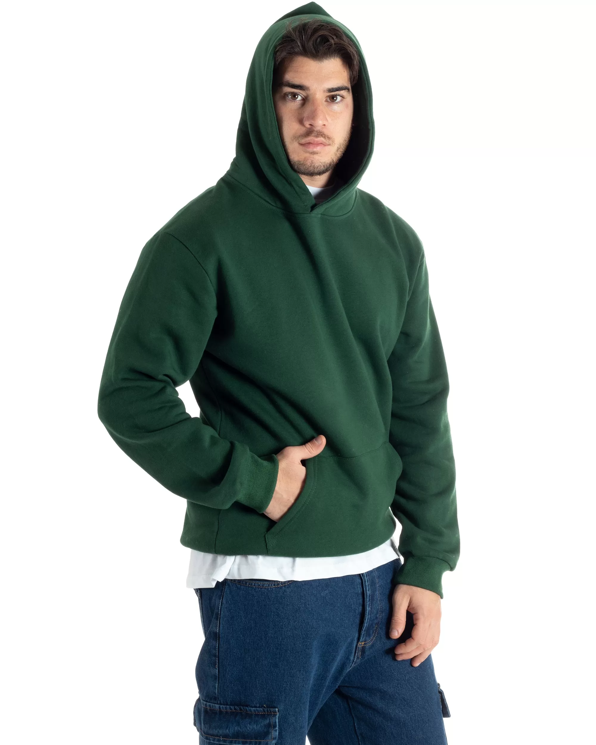 Felpa Con Cappuccio Uomo Basic Felpata Tinta Unita Verde Comoda Relaxed Fit GIOSAL-F3008A