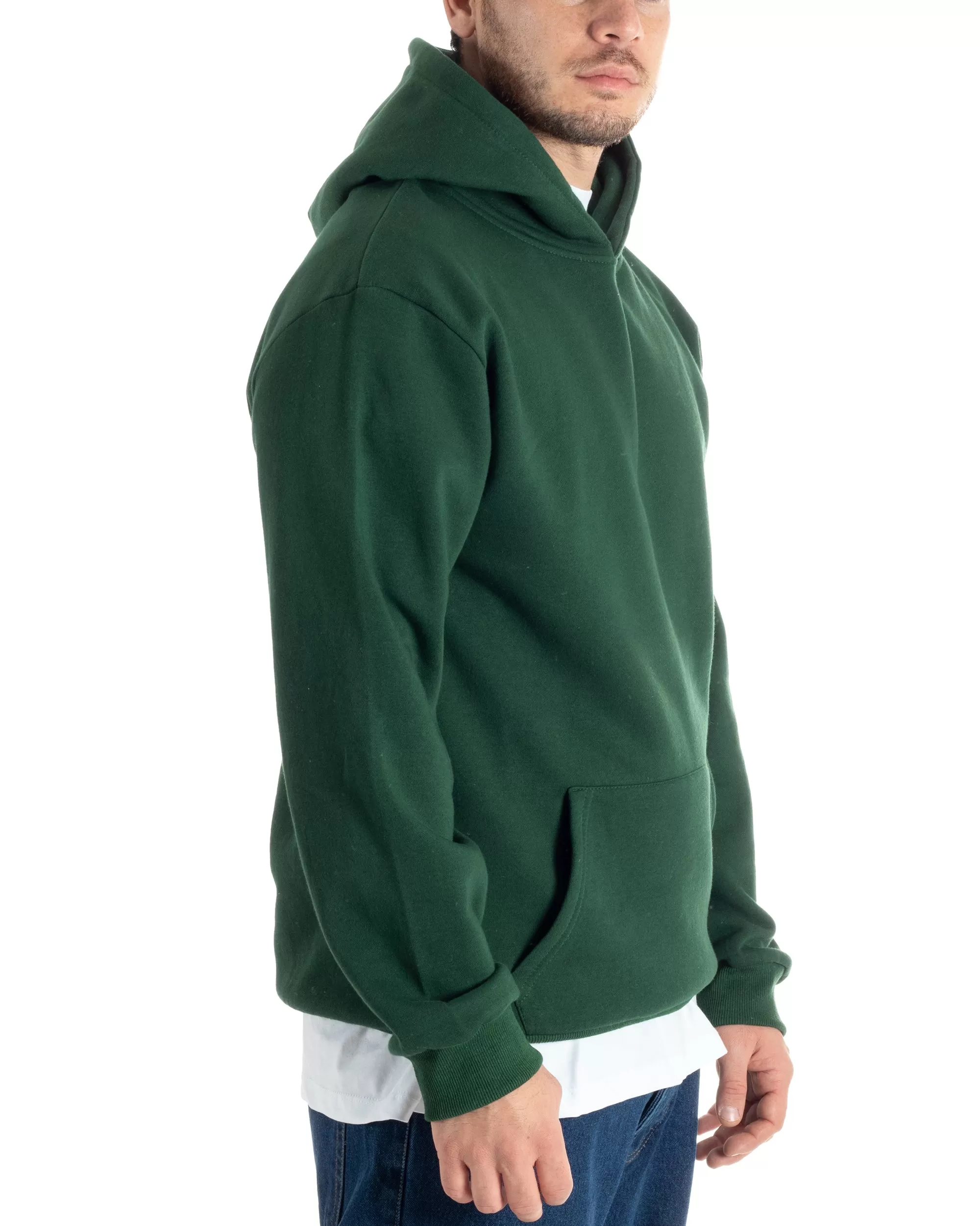 Felpa Con Cappuccio Uomo Basic Felpata Tinta Unita Verde Comoda Relaxed Fit GIOSAL-F3008A