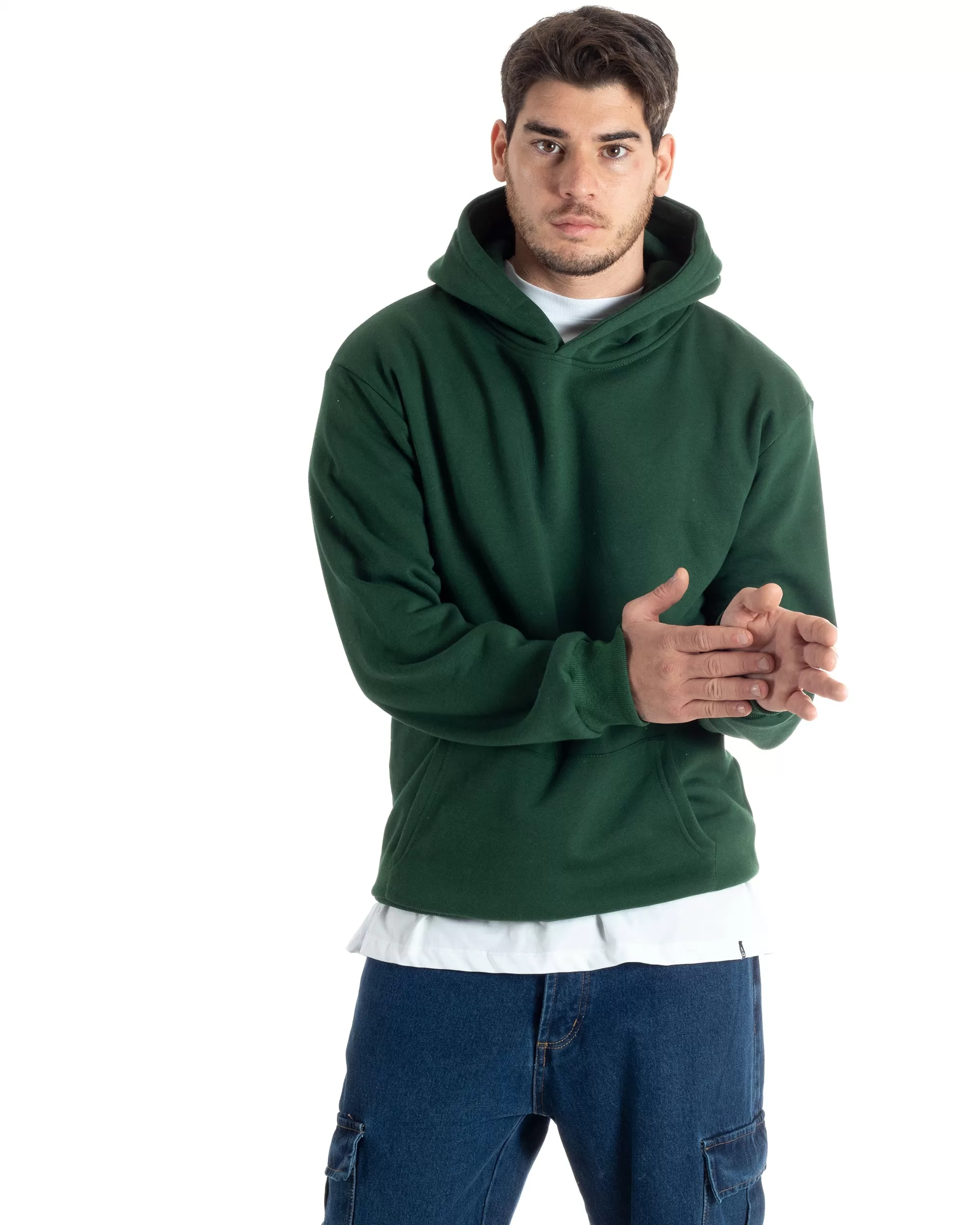 Felpa Con Cappuccio Uomo Basic Felpata Tinta Unita Verde Comoda Relaxed Fit GIOSAL-F3008A