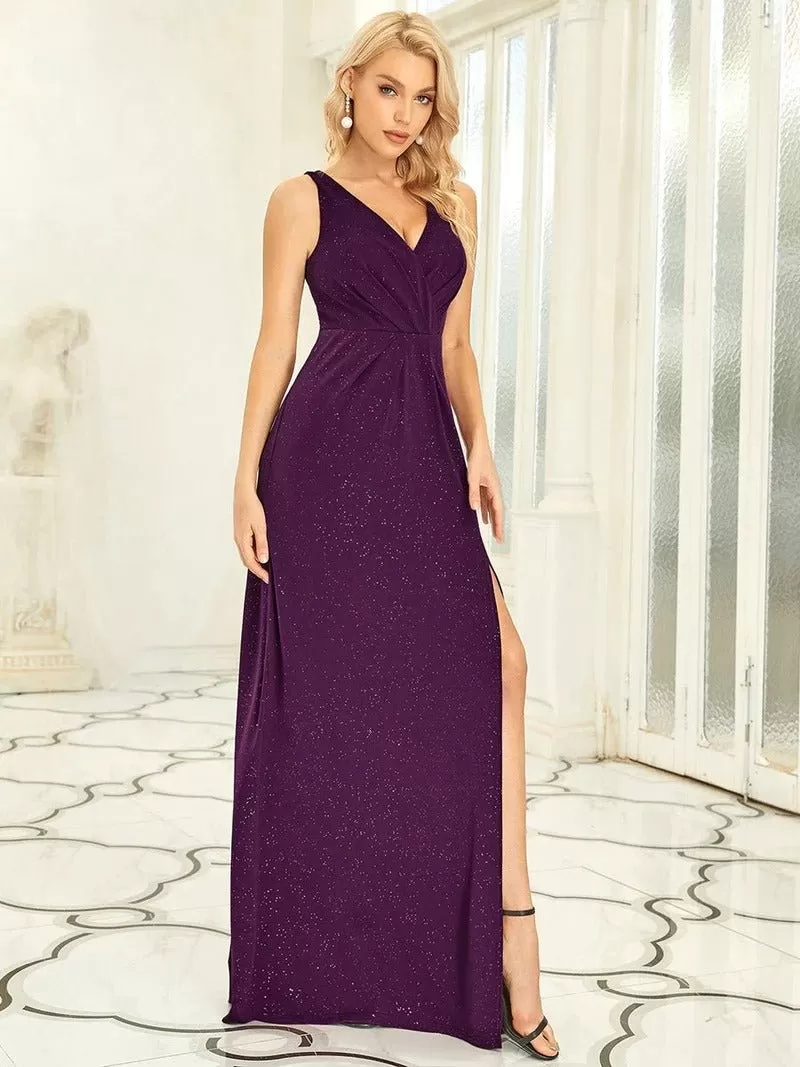 Floor Length V Neck Shimmery Formal Dresses With Side Split