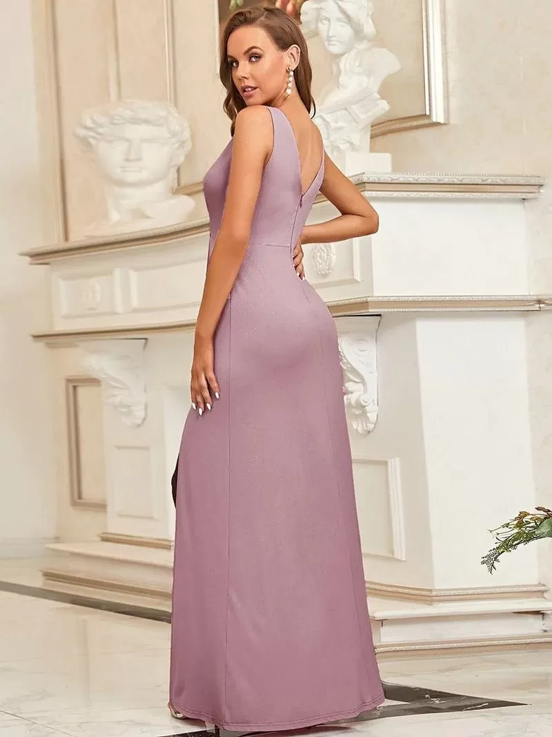 Floor Length V Neck Shimmery Formal Dresses With Side Split