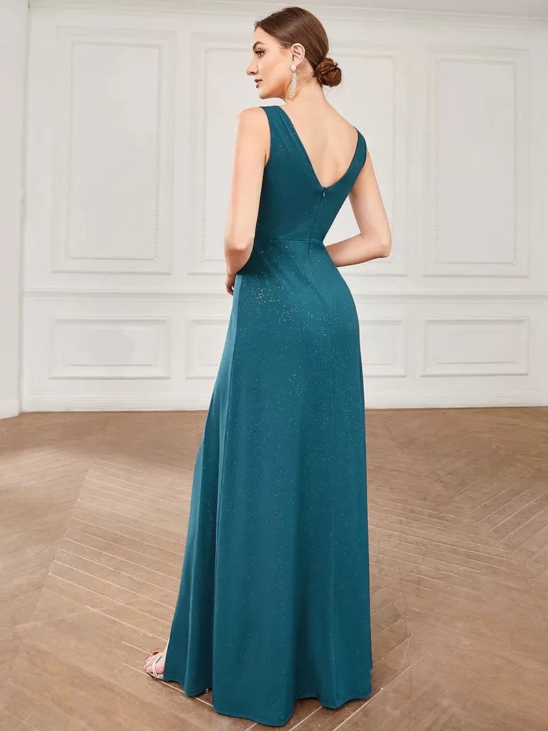 Floor Length V Neck Shimmery Formal Dresses With Side Split