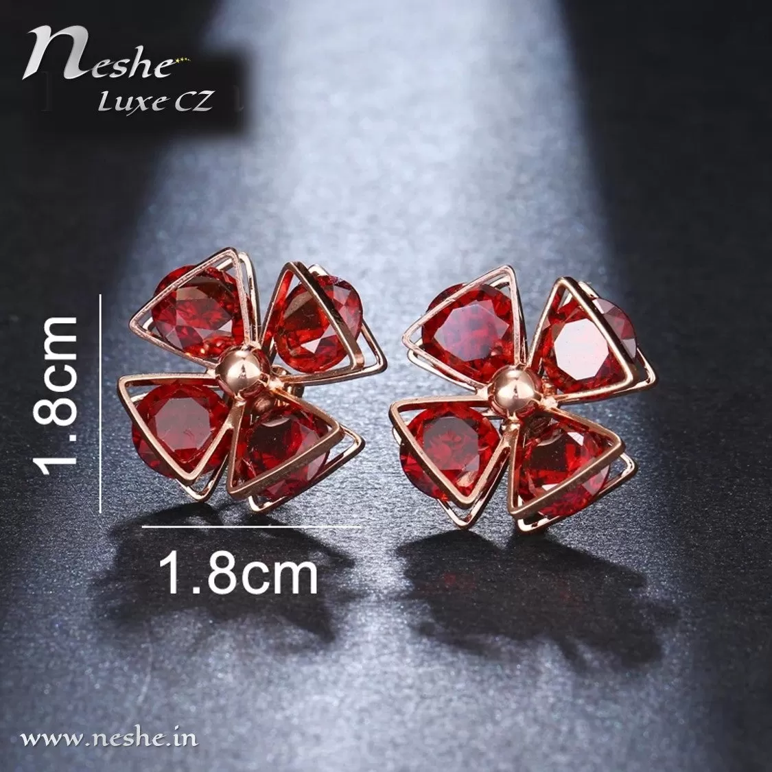 Flower Shape Red CZ Crystal Geometric Stud Earrings