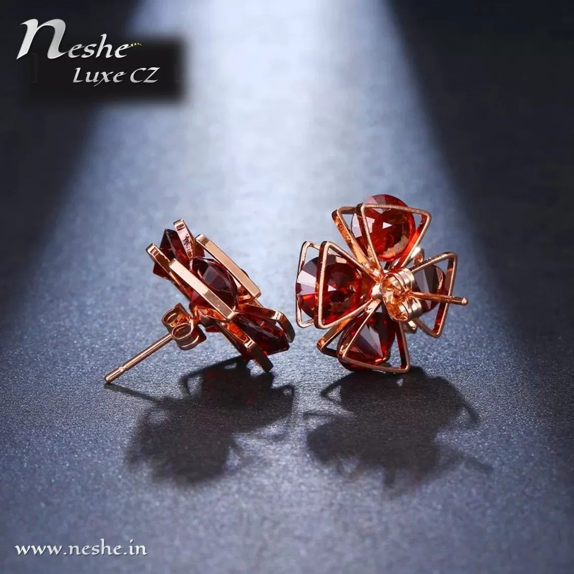 Flower Shape Red CZ Crystal Geometric Stud Earrings