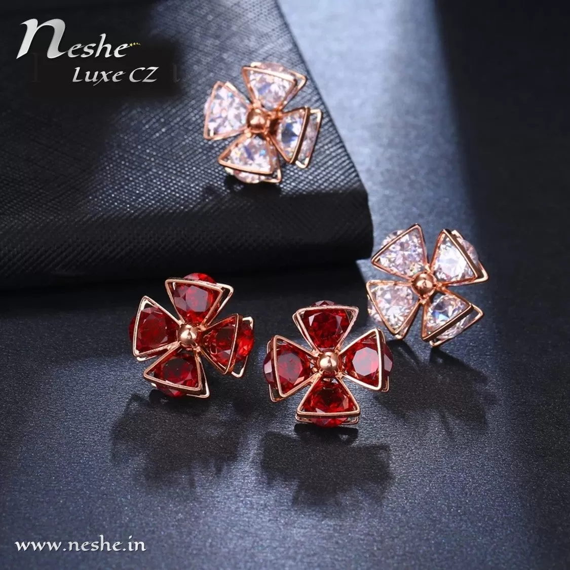 Flower Shape Red CZ Crystal Geometric Stud Earrings