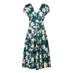 Forest Green Floral Vintage A Line Crossover Capped Sleeve Tea Swing Dress