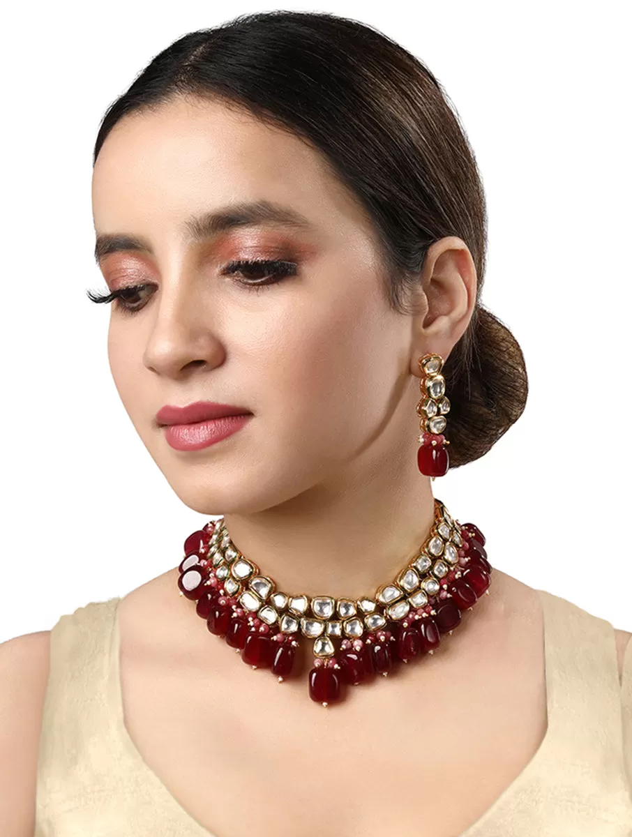 Gold Plated Kundan Necklace with Onyx and Pearls