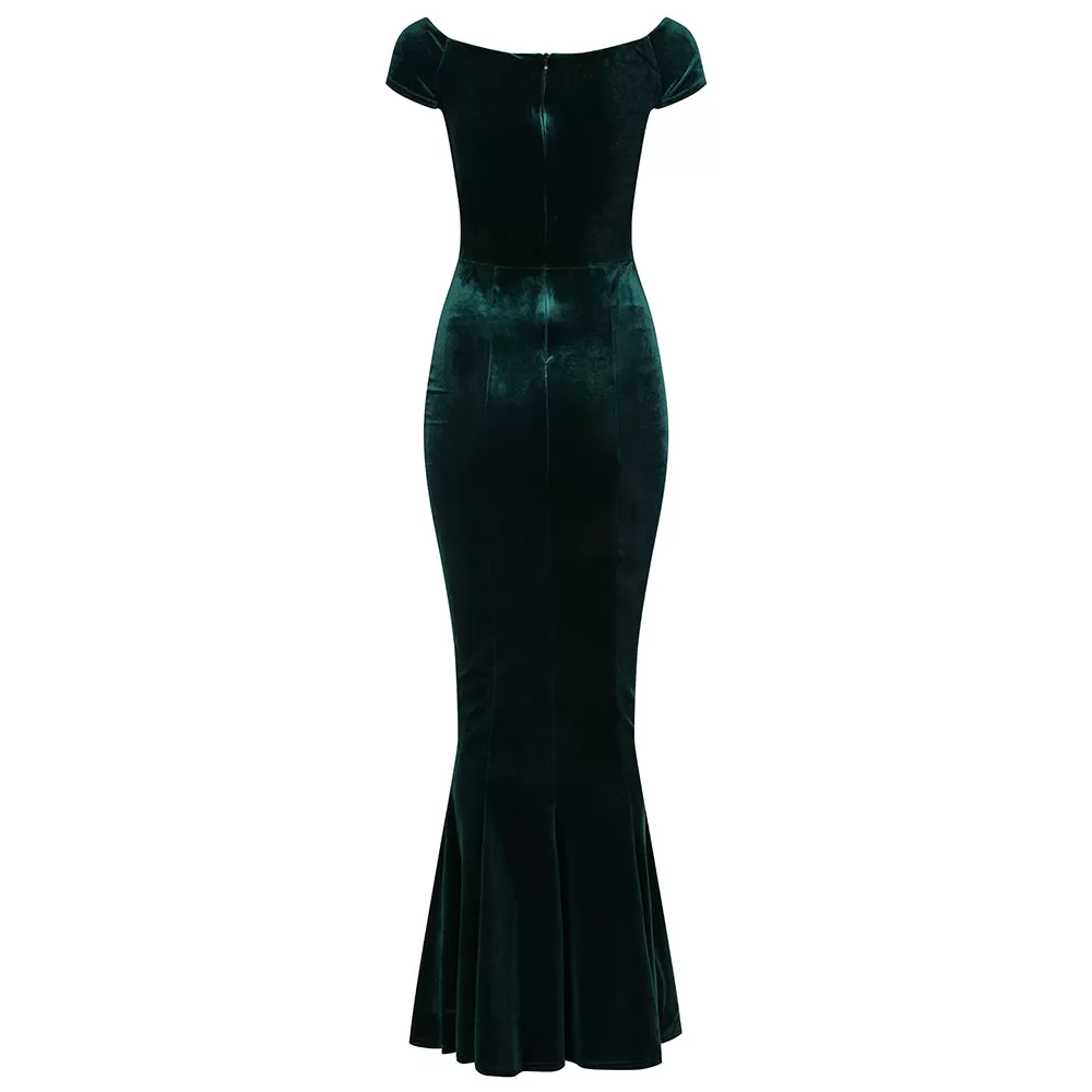 Green Cap Sleeve Crossover Bust Fishtail Hem Velour Maxi Dress