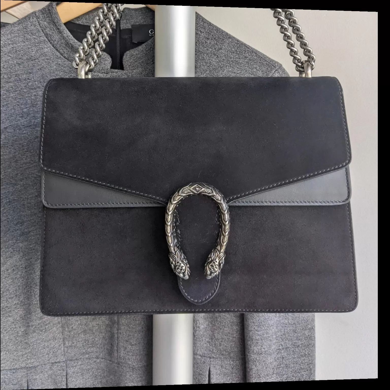 Gucci Dionysus Medium Black Suede Double Chain Shoulder Bag