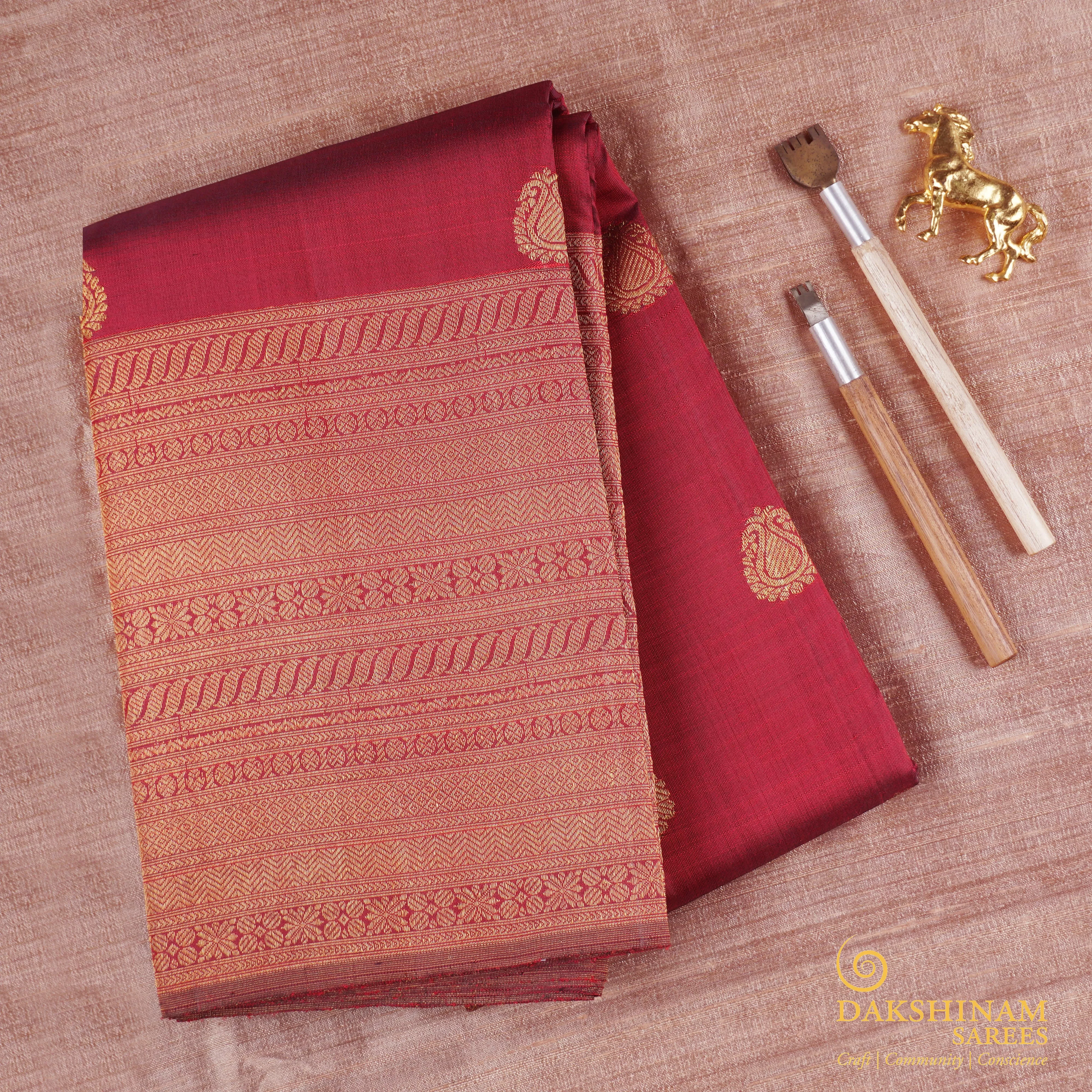 Handwoven Maroon Kanjivaram Silk Saree - 1535T006160DSC