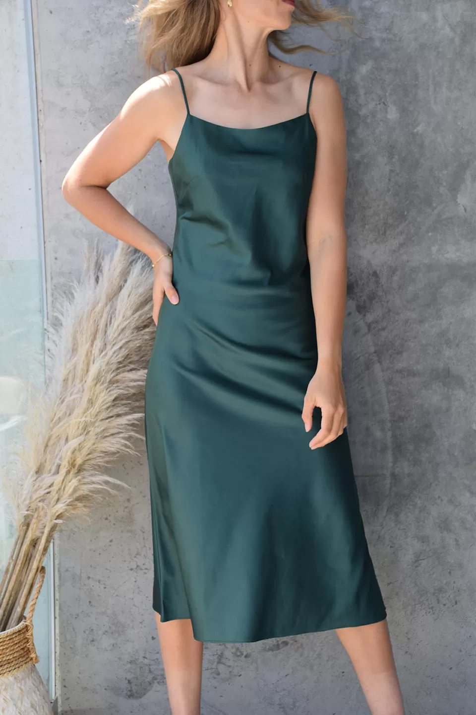 Happy Hour Emerald Satin Soft Cowl Neck Slip Dress