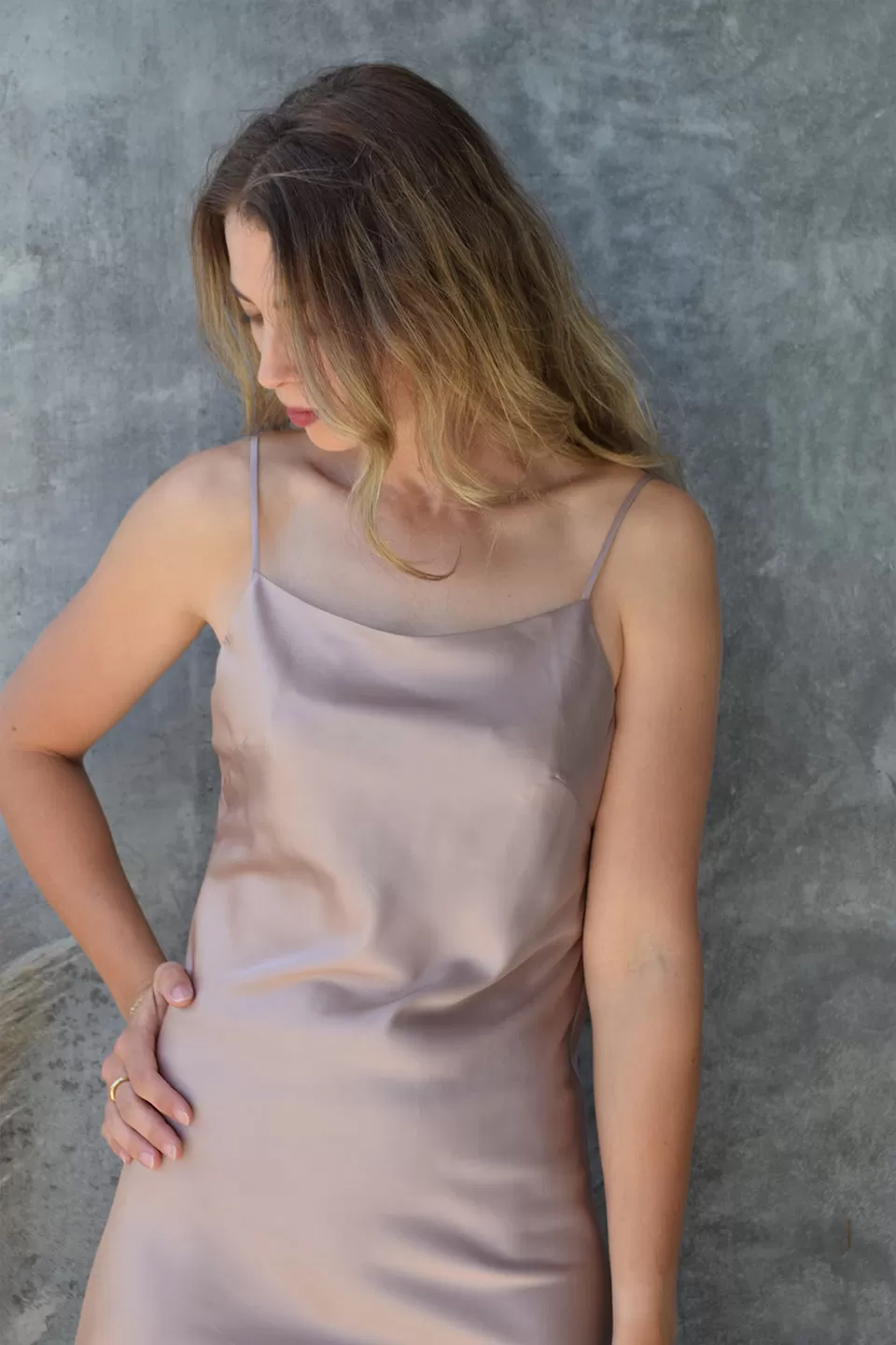 Happy Hour Shell Pink Satin Soft Cowl Neck Midi Dress