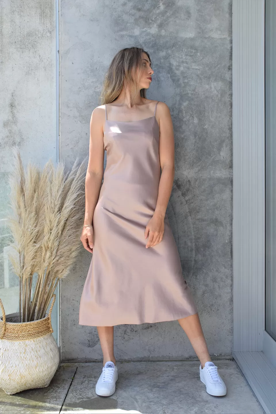 Happy Hour Shell Pink Satin Soft Cowl Neck Midi Dress