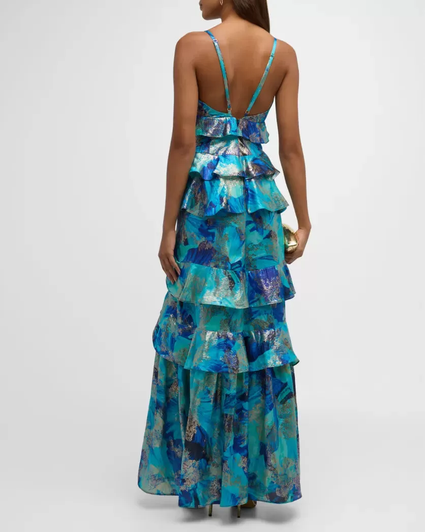 Harlen Ruffle Tiered Metallic Jacquard Gown