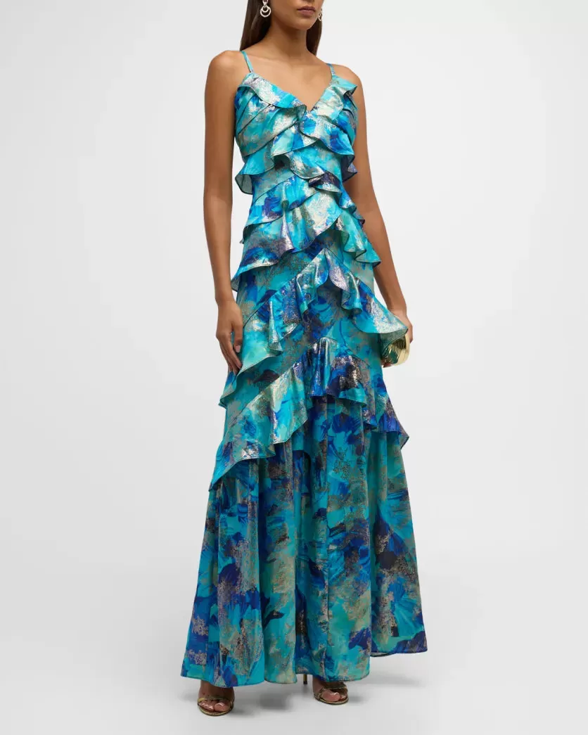 Harlen Ruffle Tiered Metallic Jacquard Gown