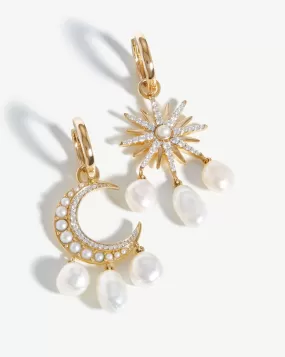 Harris Reed Fine Moon Starlight Earrings | 14ct Solid Gold/Pearl & Diamond