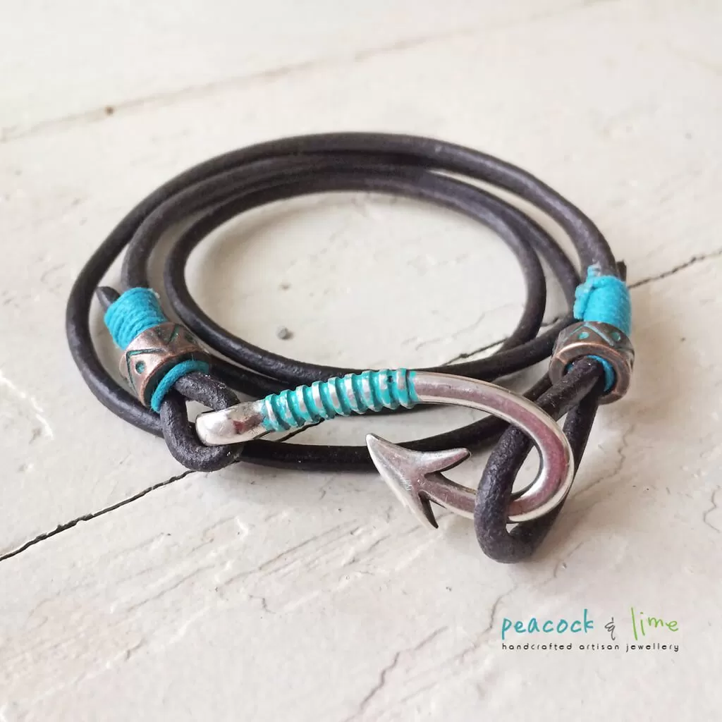 hook line & sinker // men's fish hook clasp leather wrap bracelet / choker