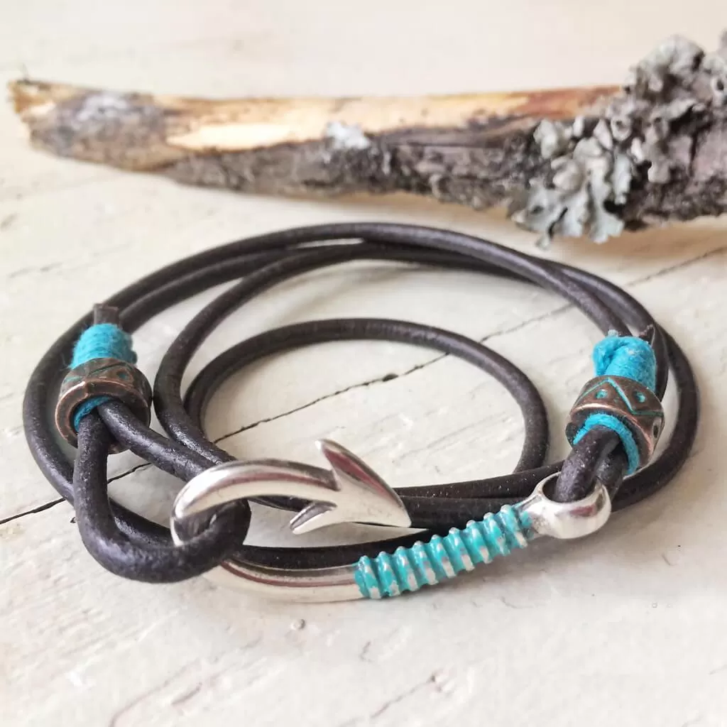 hook line & sinker // men's fish hook clasp leather wrap bracelet / choker