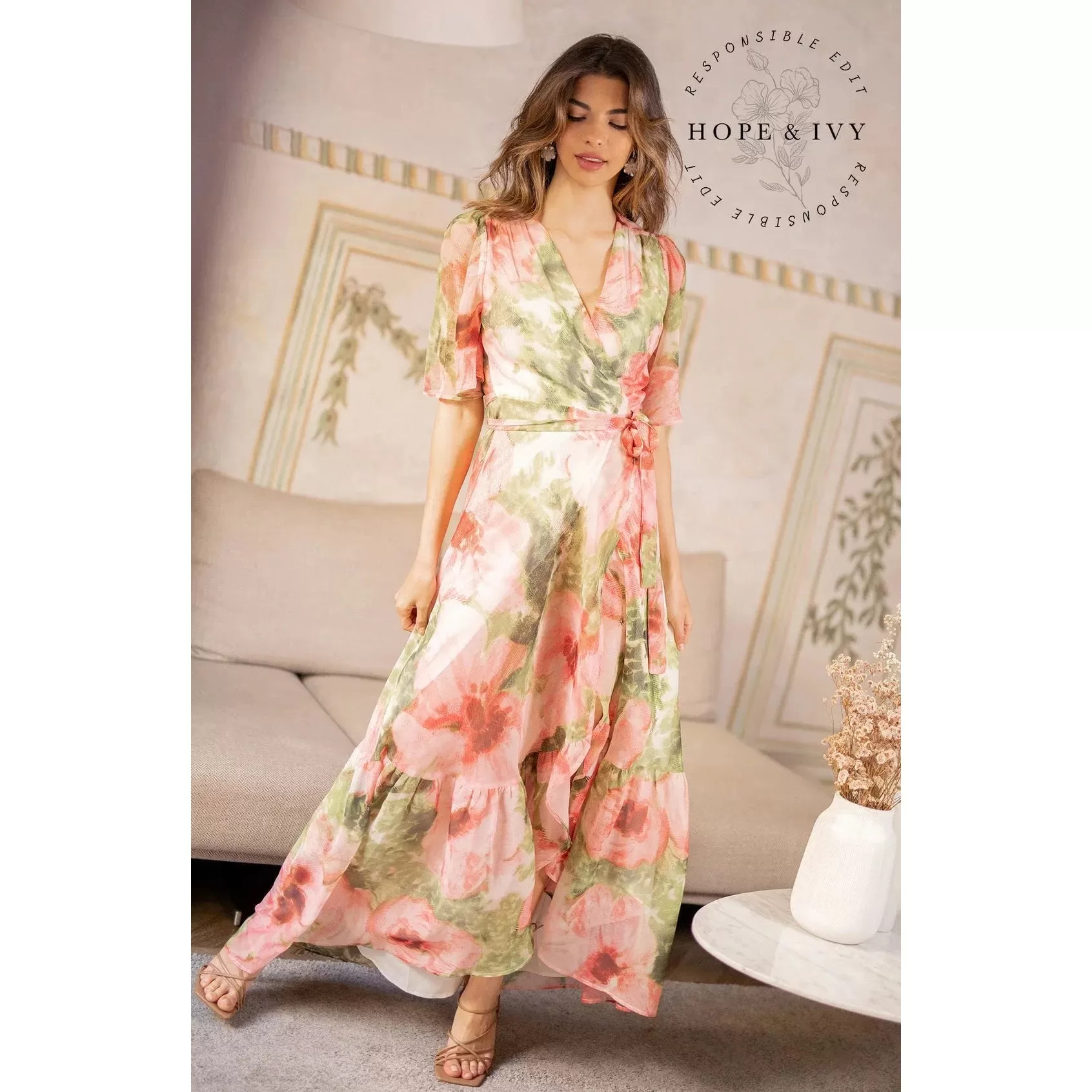 Hope & Ivy Pink & Green Floral Print Flutter Sleeve Maxi Wrap Dress