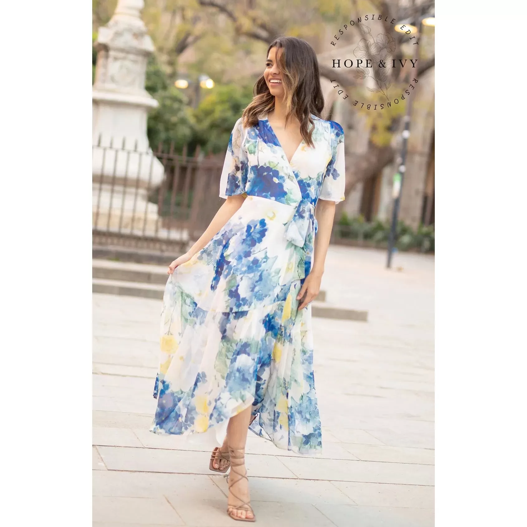 Hope & Ivy White & Blue Floral Print Flutter Sleeve Maxi Wrap Dress