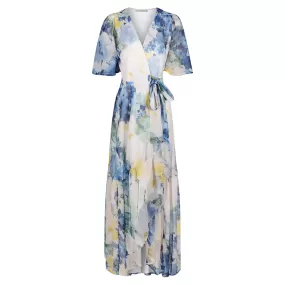 Hope & Ivy White & Blue Floral Print Flutter Sleeve Maxi Wrap Dress