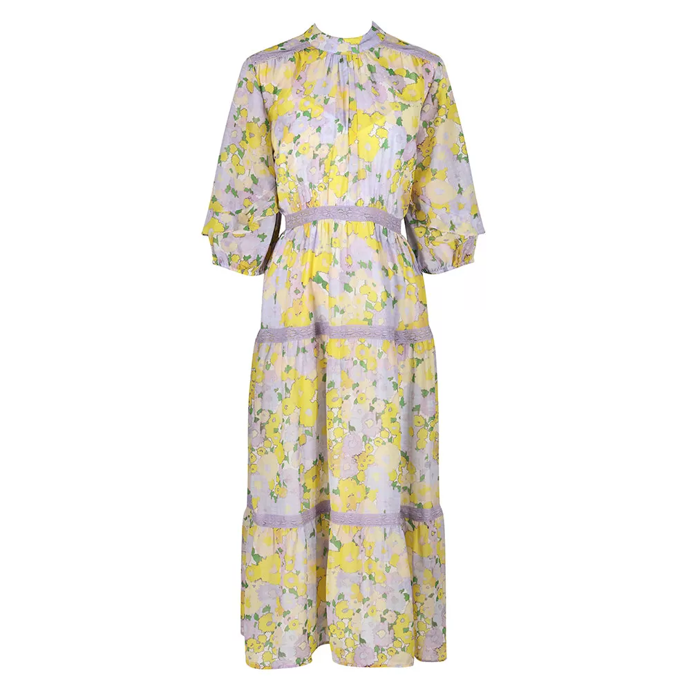 Hope & Ivy White & Yellow Floral Check Print High Neck Blouson Sleeve Maxi Dress