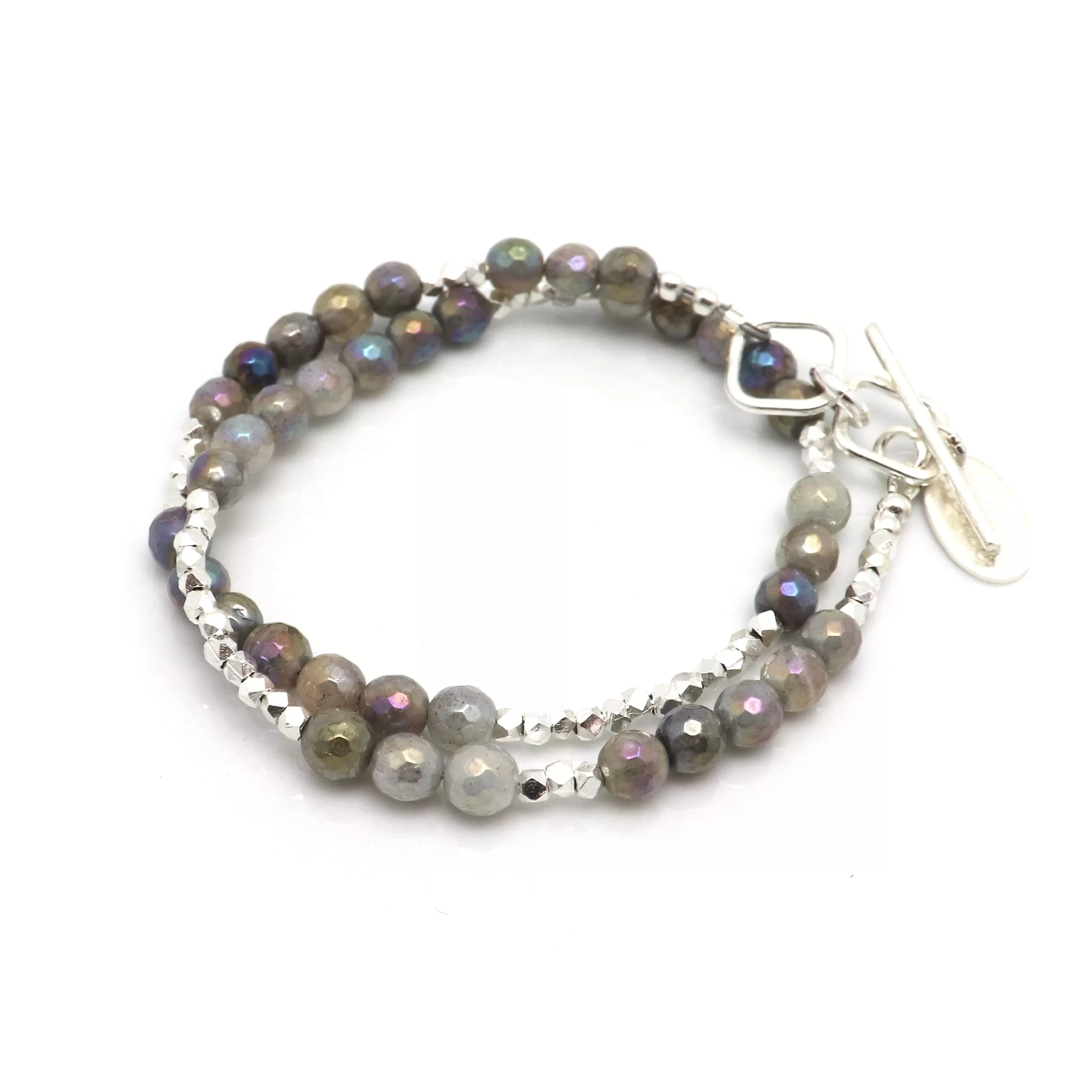 Iridescent Labradorite & Fine silver Double Wrap Bracelet