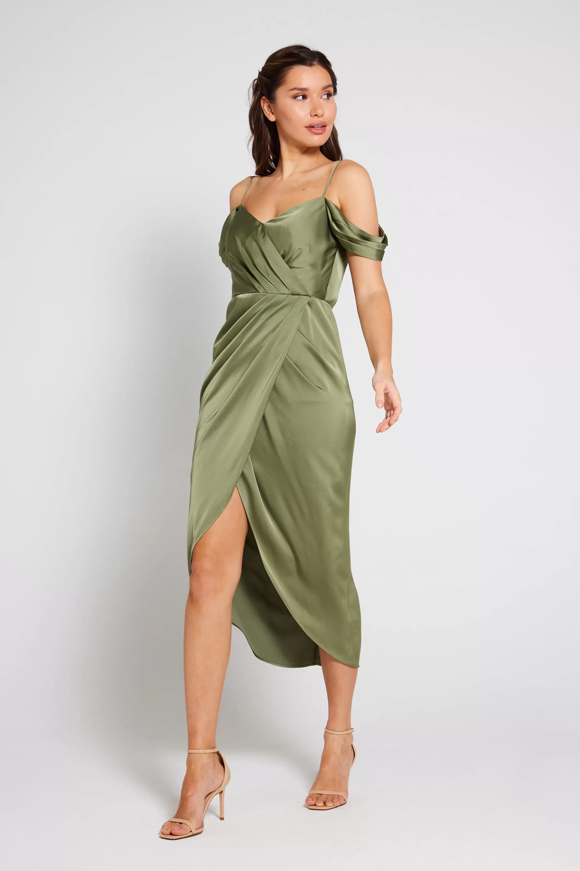 Isabella Bardot Satin Wrap Dress - Olive