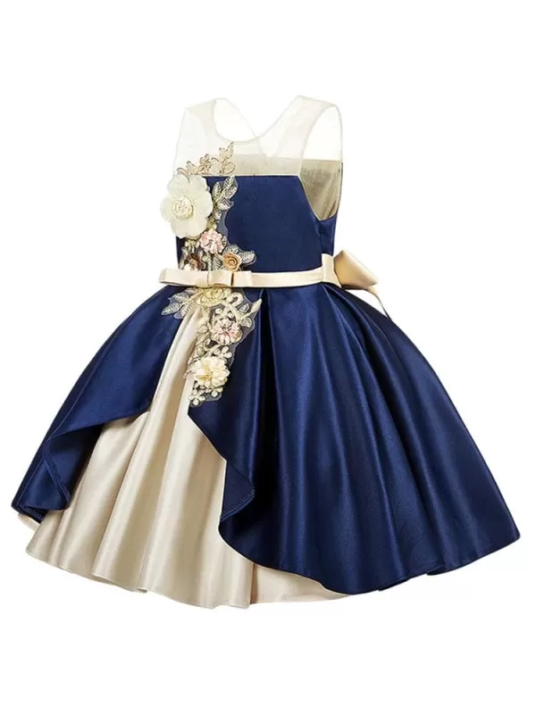 Jewel Neck Flower Girl Dresses Sleeveless Knee Length Ball Gown Bows Kids Party Dresses