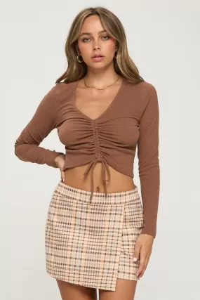 Jr Long Sleeve Crop Top Ribbed - Brown