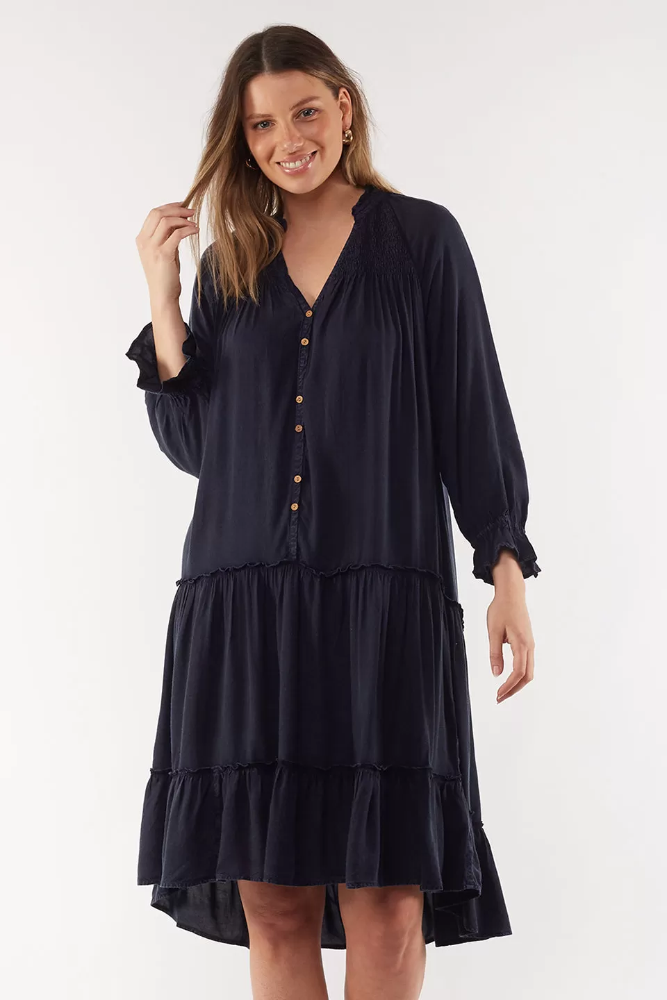 Julia Navy Mid Sleeve Tiered Dress