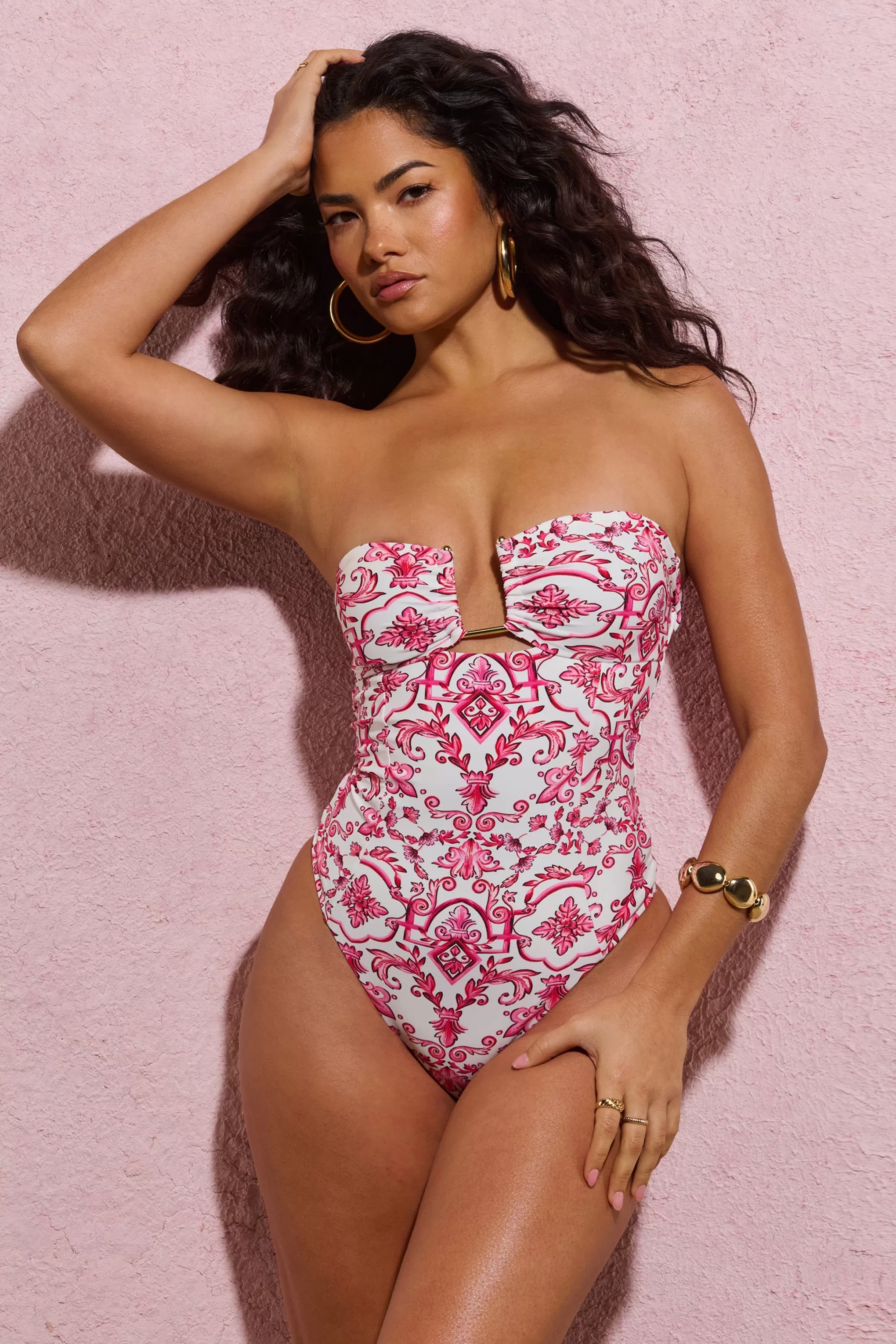 Kahlo | Pink Porcelain Print Bandeau Tie-Back Swimsuit