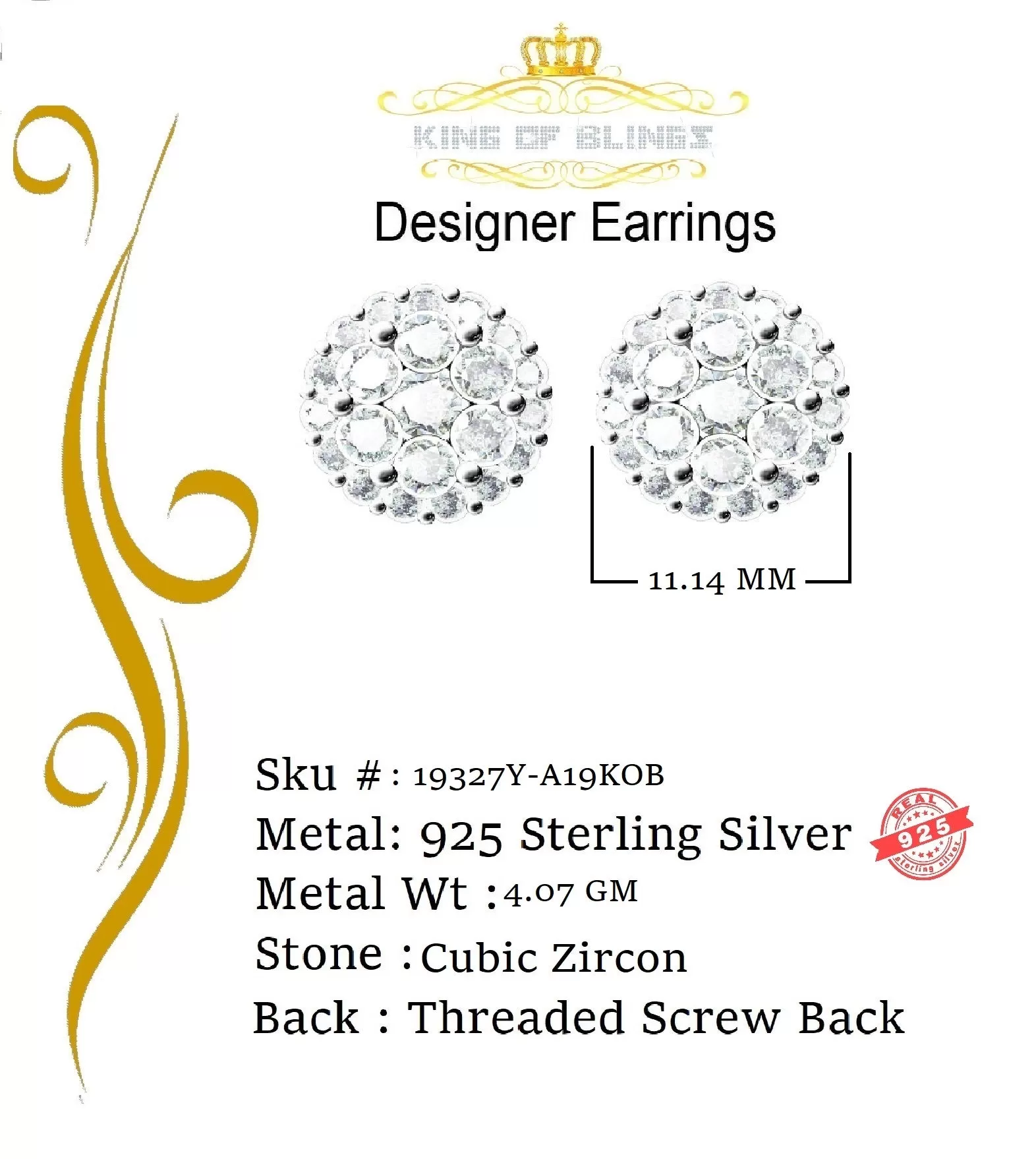 King of Bling's Aretes Para Hombre 925 Yellow Silver 2.53ct Cubic Zirconia Round Women's Earring