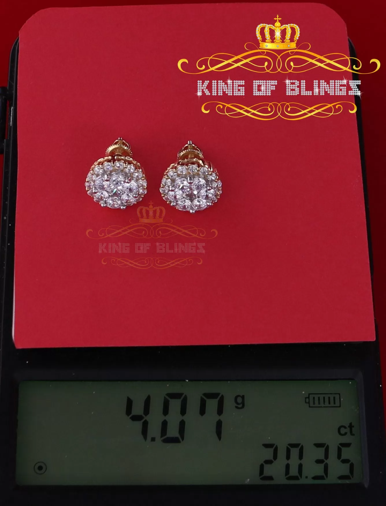 King of Bling's Aretes Para Hombre 925 Yellow Silver 2.53ct Cubic Zirconia Round Women's Earring