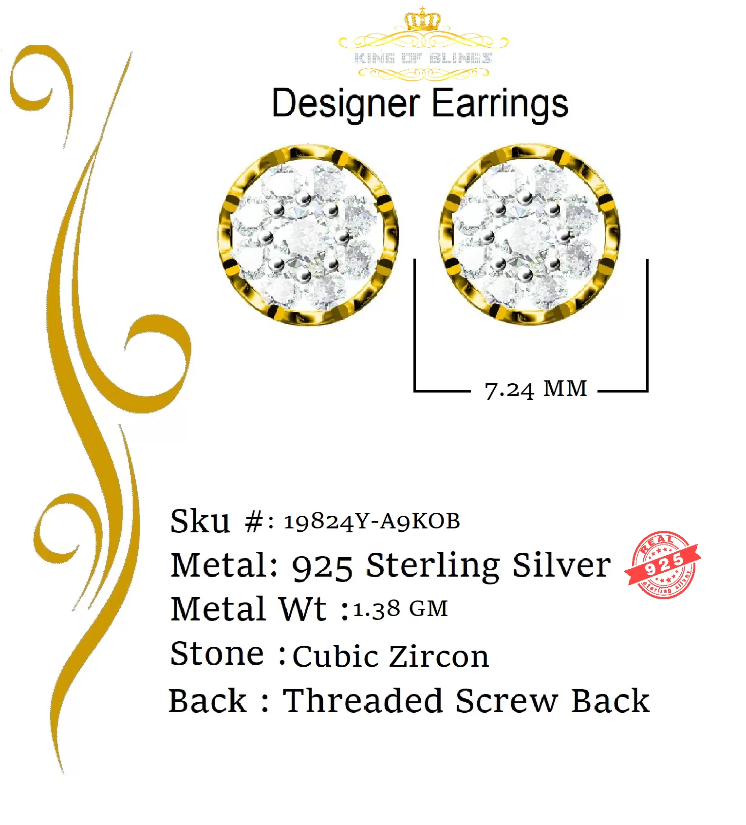 King of Bling's Yellow 925 Silver Cubic 0.14ct Zirconia Women's & Men's Hip Hop Flower Earrings