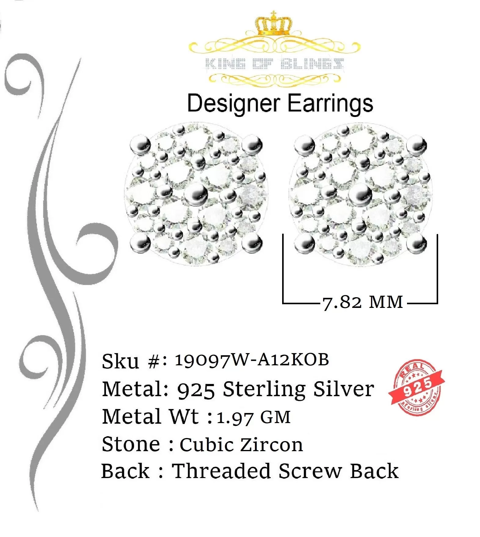 King of Blings- 925 White Silver Aretes Para Hombre 0.87ct Cubic Zirconia Round Women's Earring