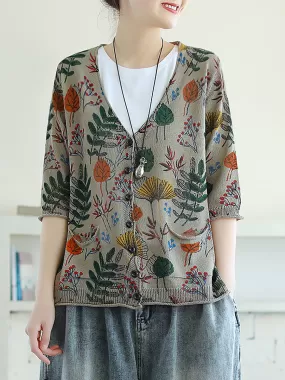 Leaf Printed Half Sleeve Women Knitted Shirt