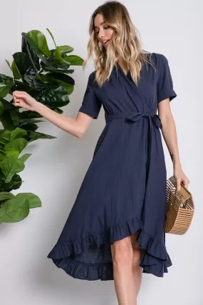 Leah Wrap Midi Dress in Navy