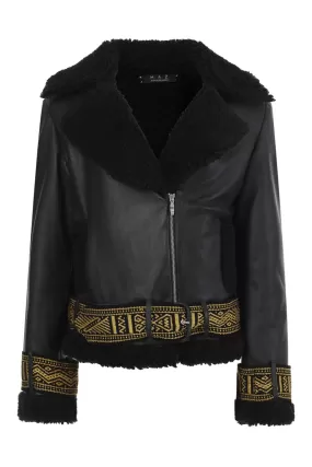 LEATHER CHUMBE JACKET IN BLACK / BLACK GOLD HANDCUFFS AND BELT