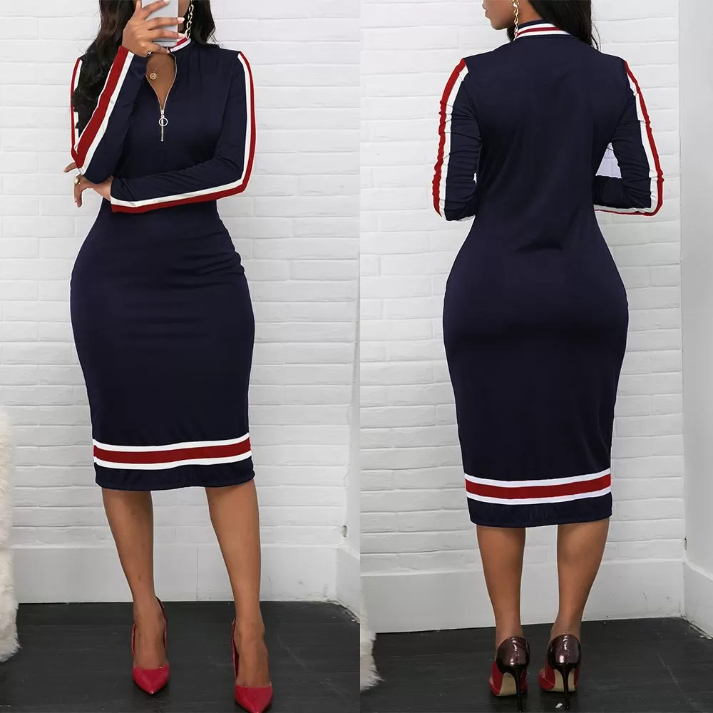 Long Sleeve Dress Sport Style Silver Zipper Half Neck Stripe Color Matching Stretch