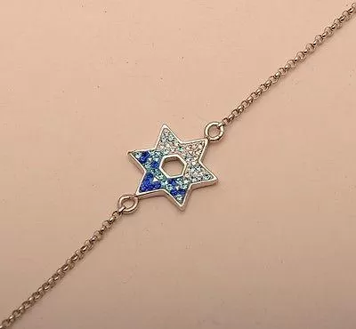 Magen David Hand Bracelet in Blue Swarovski Gemstone Silver 925 Hand Made