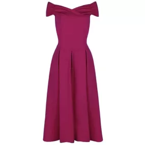 Magenta Crossover Bardot 50s Swing Dress