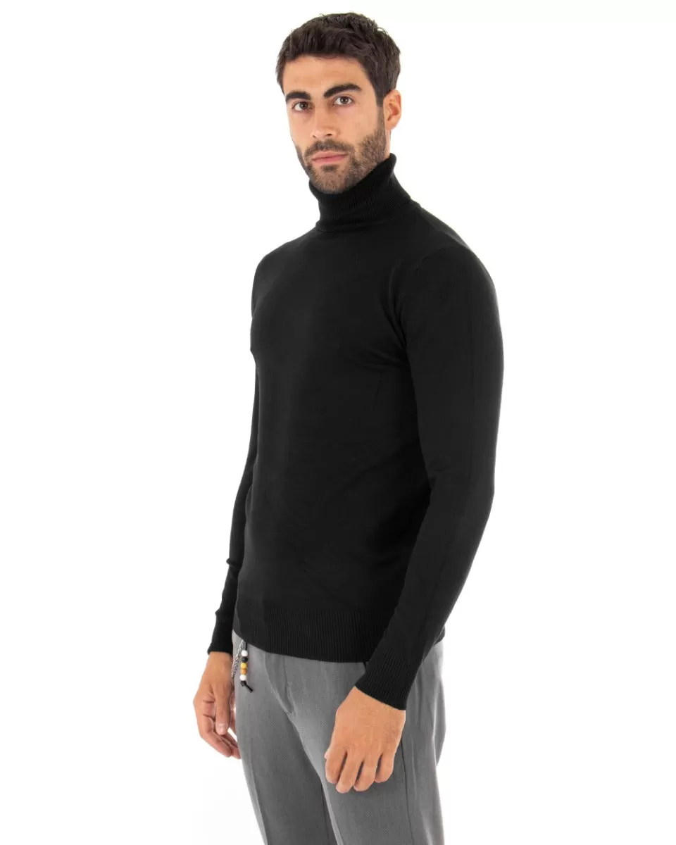 Maglioncino Uomo Maglia Maniche Lunghe Collo Alto Elastico Tinta Unita Nero GIOSAL-M2538A