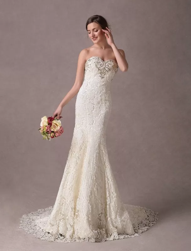 Mermaid Wedding Dresses Lace Strapless Ivory Sweetheart Beaded Bridal Dress With Train Exclusive