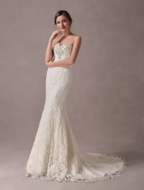 Mermaid Wedding Dresses Lace Strapless Ivory Sweetheart Beaded Bridal Dress With Train Exclusive