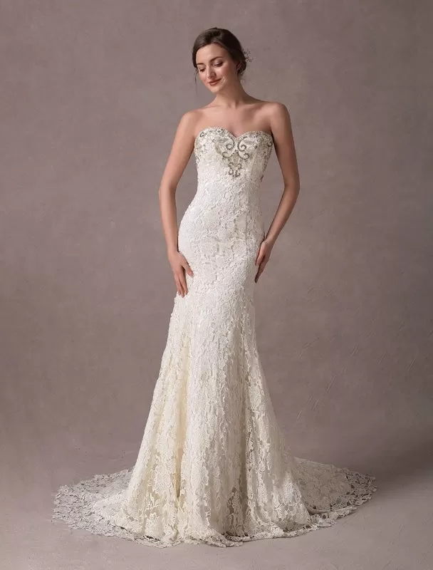 Mermaid Wedding Dresses Lace Strapless Ivory Sweetheart Beaded Bridal Dress With Train Exclusive