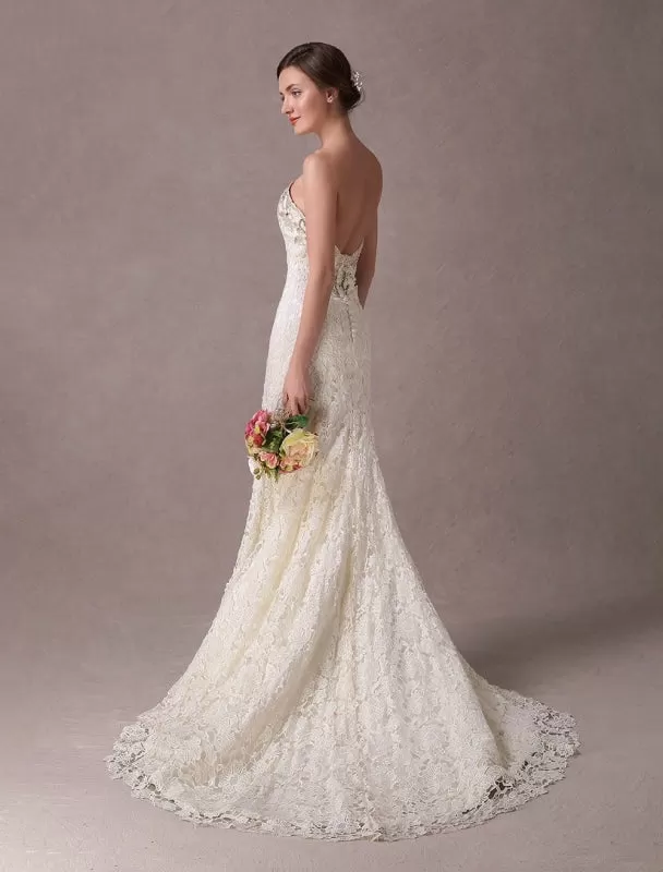 Mermaid Wedding Dresses Lace Strapless Ivory Sweetheart Beaded Bridal Dress With Train Exclusive