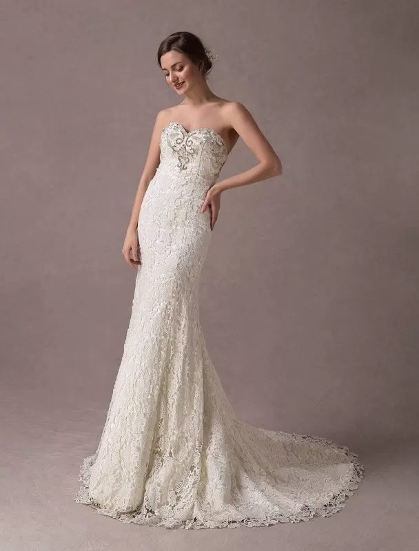 Mermaid Wedding Dresses Lace Strapless Ivory Sweetheart Beaded Bridal Dress With Train Exclusive